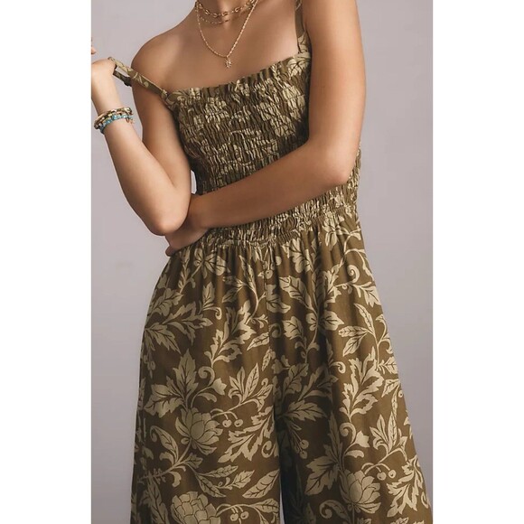 Anthropologie Pilcro Jumpsuit Linen Women Green Floral Smocked Boho Large NWT - Picture 5 of 13